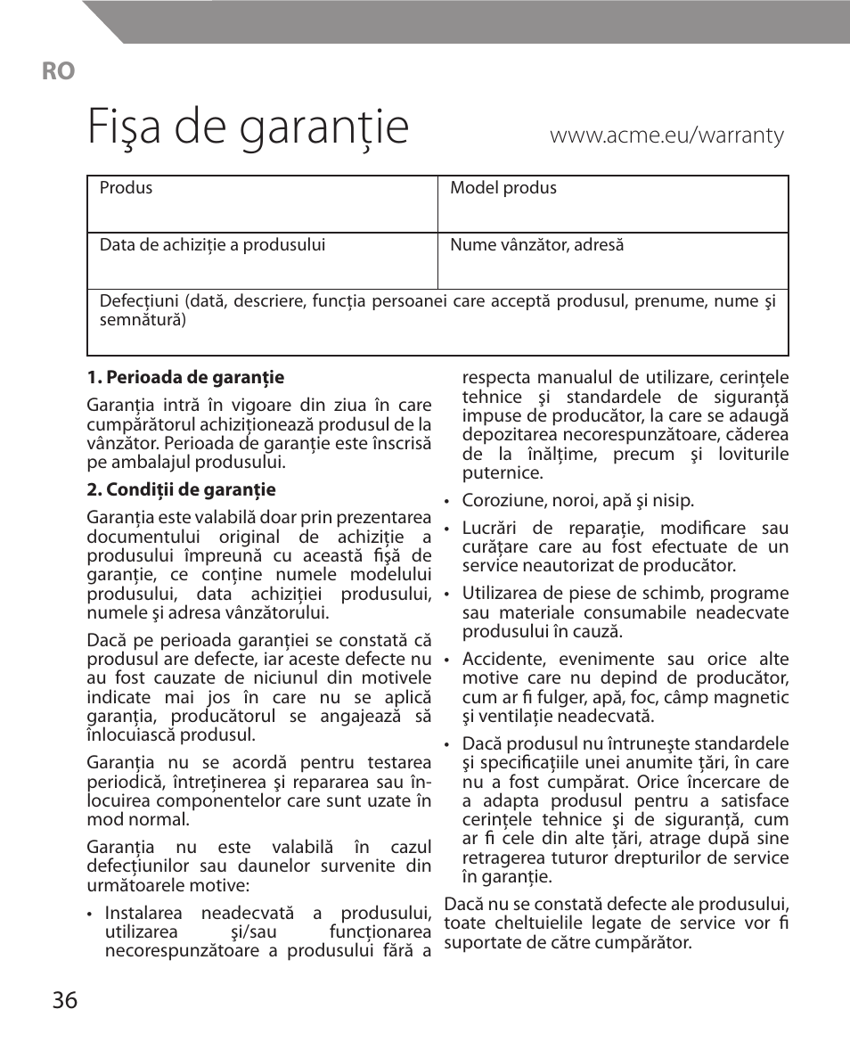 Fişa de garanţie | Acme MW11 User Manual | Page 36 / 44