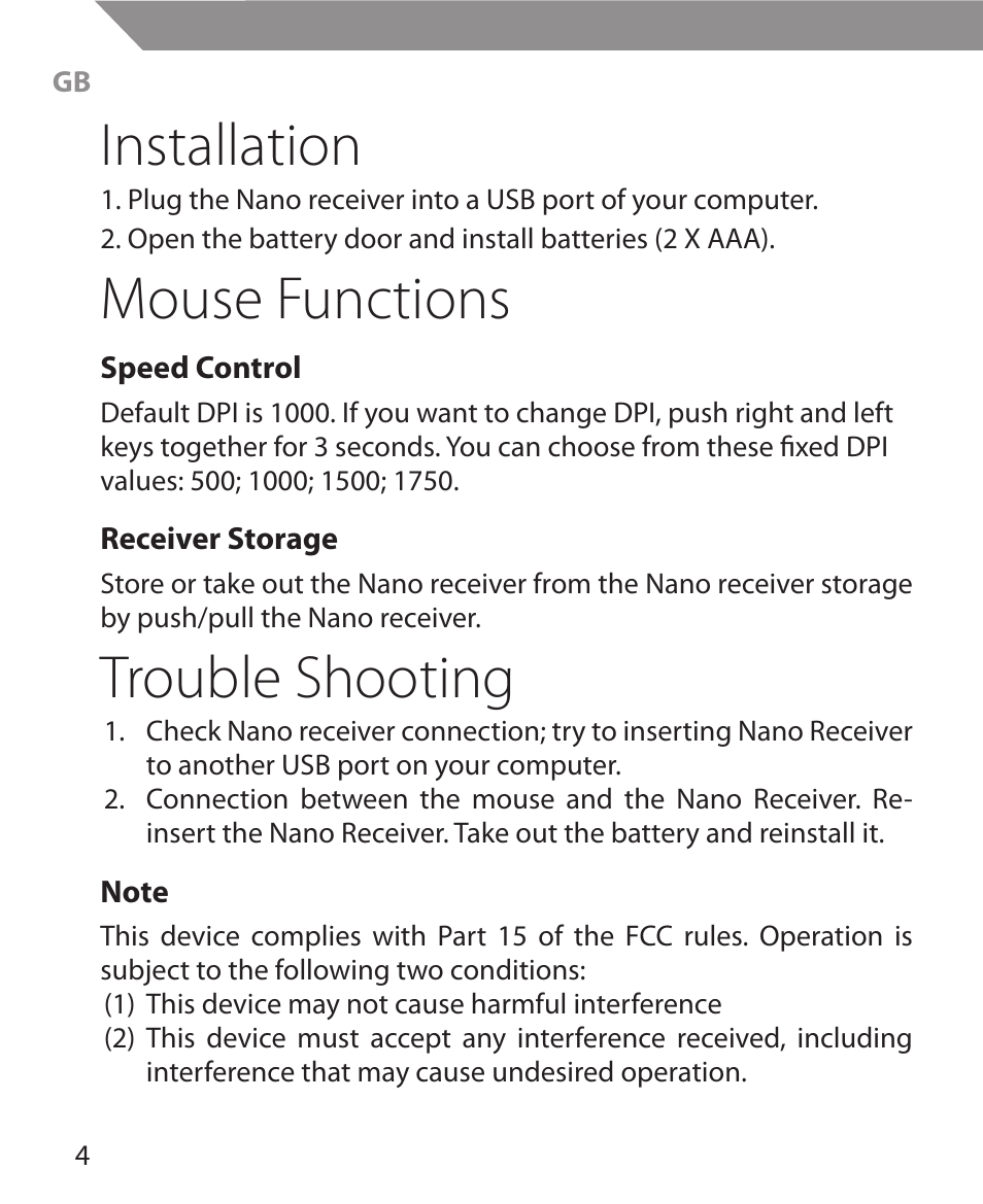 Installation, Mouse functions, Trouble shooting | Acme MW11 User Manual | Page 4 / 44