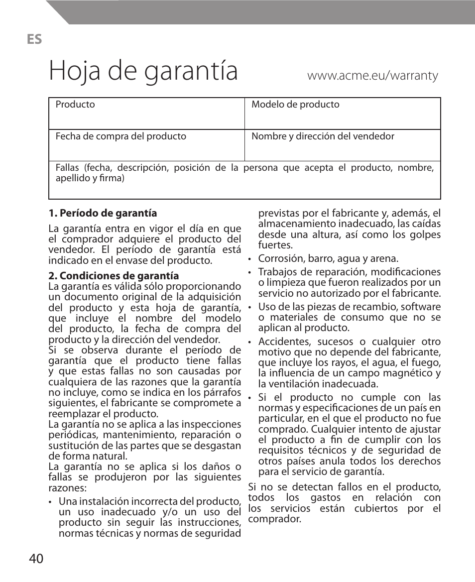 Hoja de garantía | Acme MW11 User Manual | Page 40 / 44