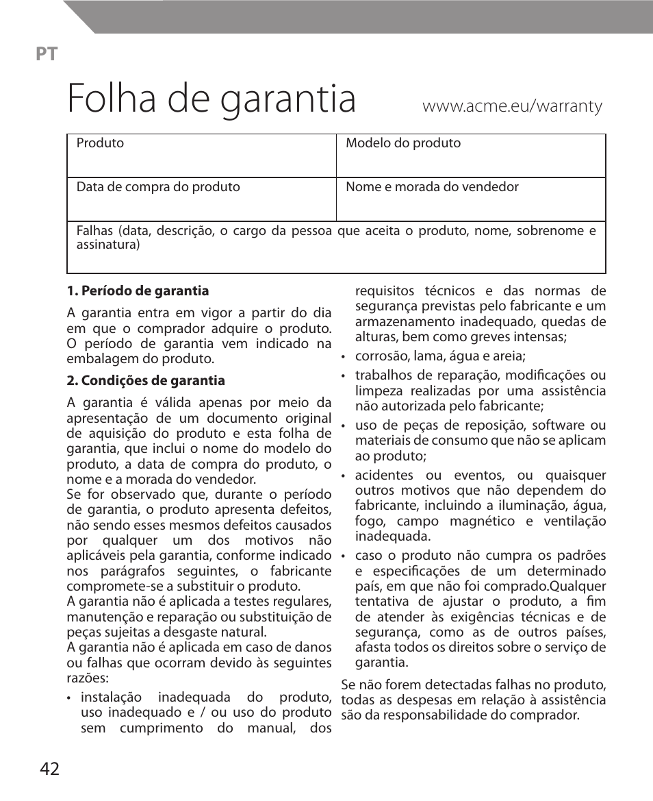 Folha de garantia | Acme MW11 User Manual | Page 42 / 44