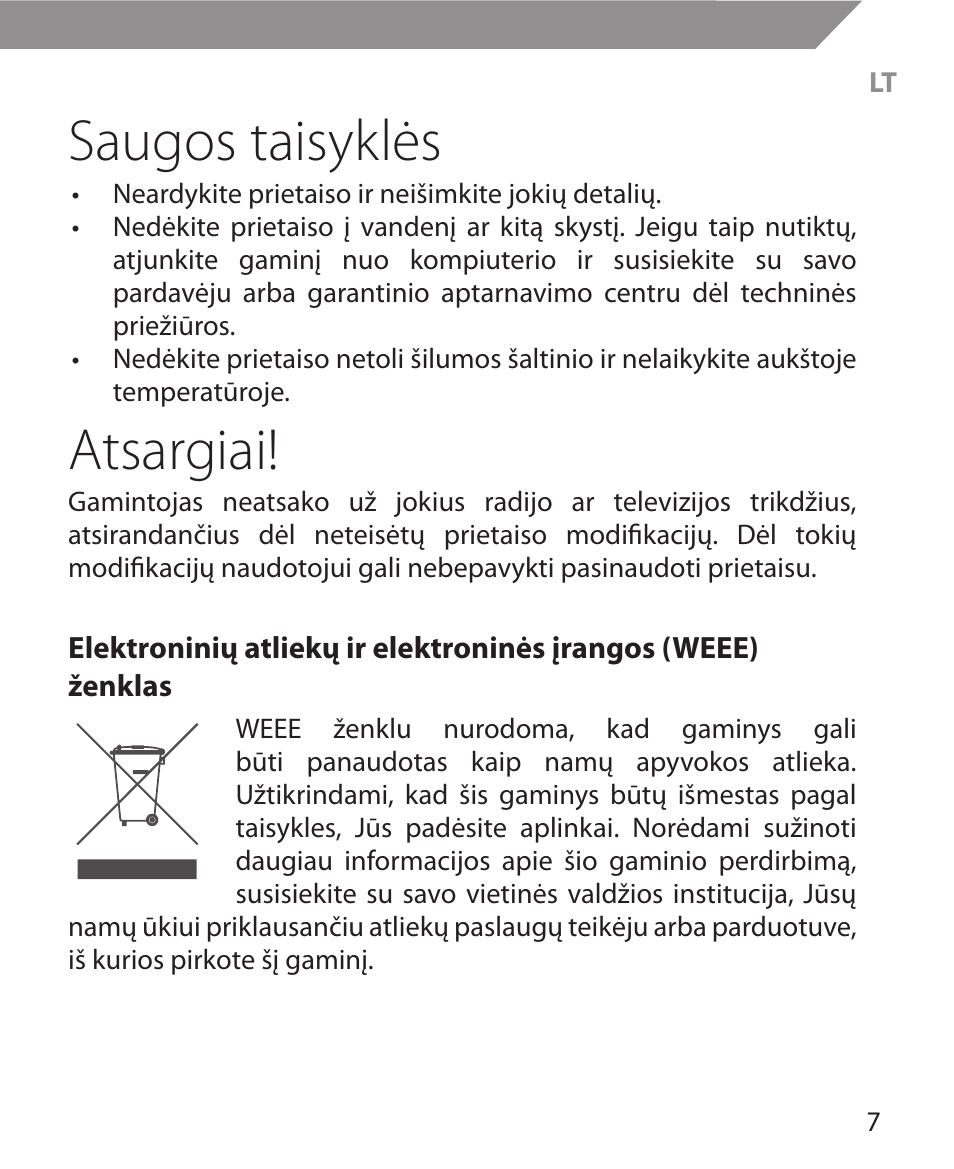 Saugos taisyklės, Atsargiai | Acme MW11 User Manual | Page 7 / 44