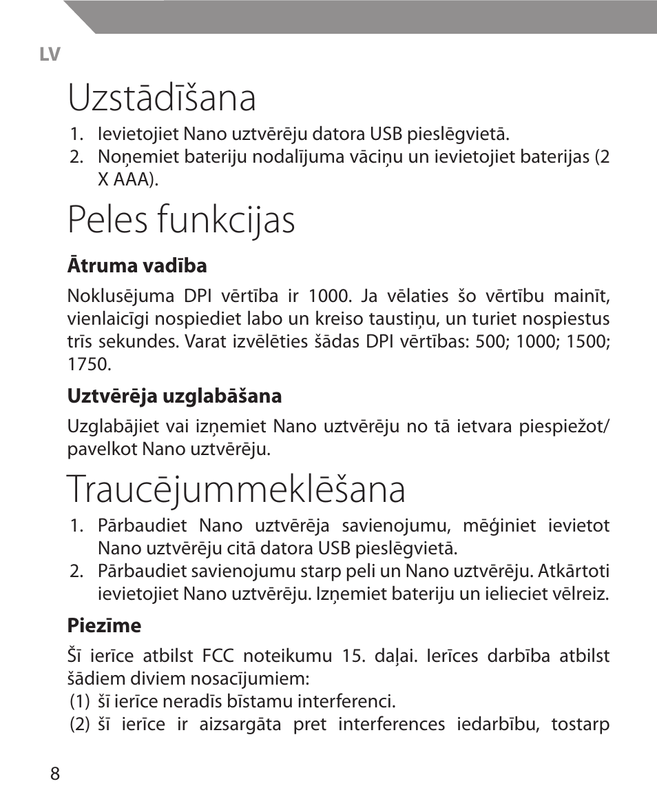 Uzstādīšana, Peles funkcijas, Traucējummeklēšana | Acme MW11 User Manual | Page 8 / 44