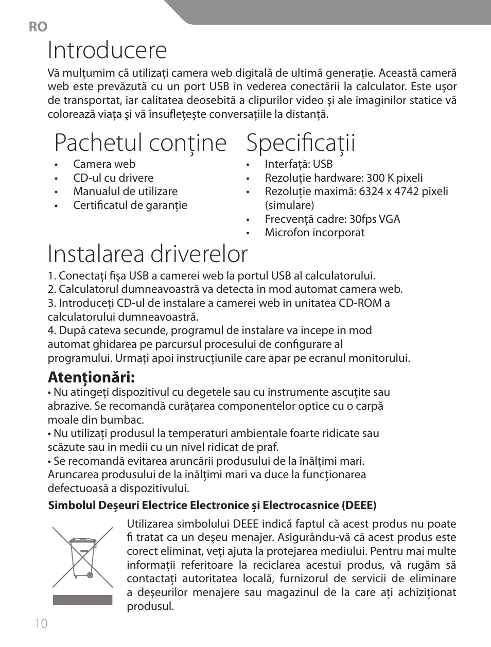Introducere, Pachetul conţine, Specificaţii | Instalarea driverelor, Atenţionări | Acme CA04 User Manual | Page 10 / 30