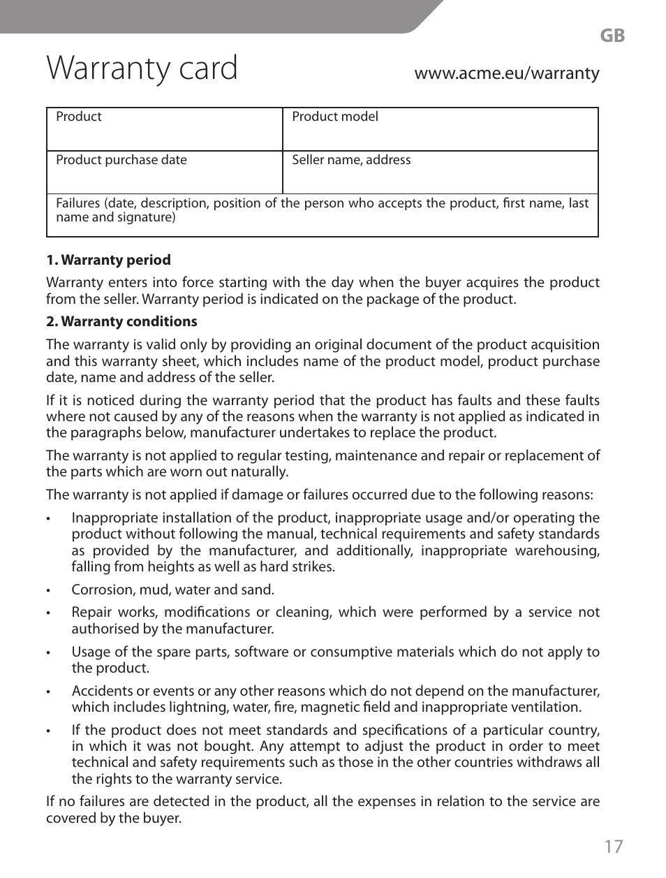 Warranty card, 17 gb | Acme CA04 User Manual | Page 17 / 30
