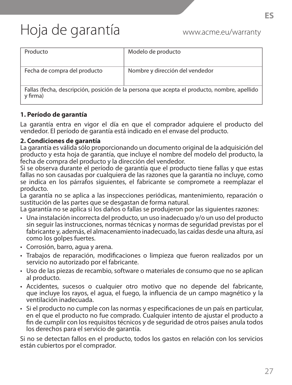 Hoja de garantía, 27 es | Acme CA04 User Manual | Page 27 / 30