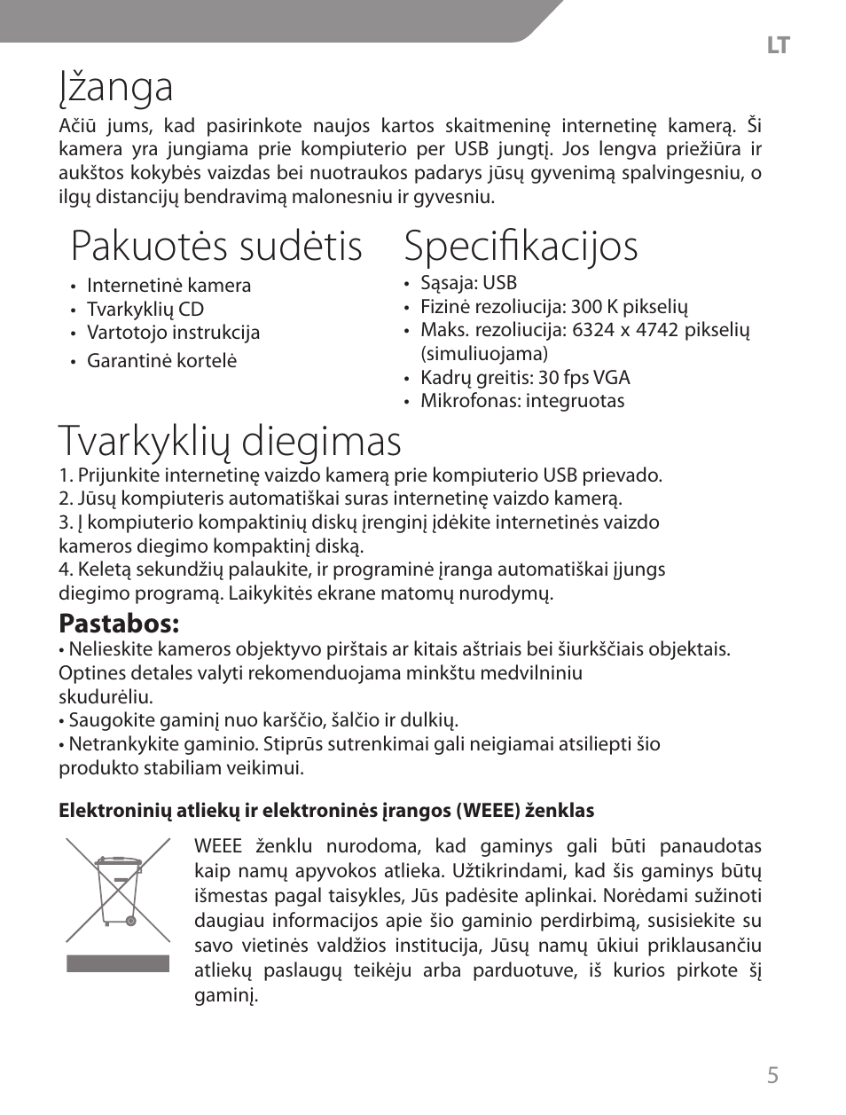 Įžanga, Pakuotės sudėtis, Specifikacijos | Tvarkyklių diegimas, Pastabos | Acme CA04 User Manual | Page 5 / 30