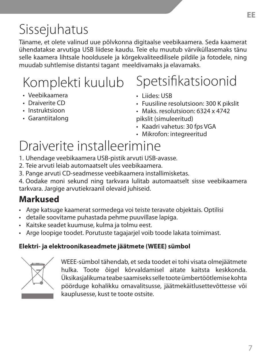 Sissejuhatus, Komplekti kuulub, Spetsifikatsioonid | Draiverite installeerimine, Markused | Acme CA04 User Manual | Page 7 / 30