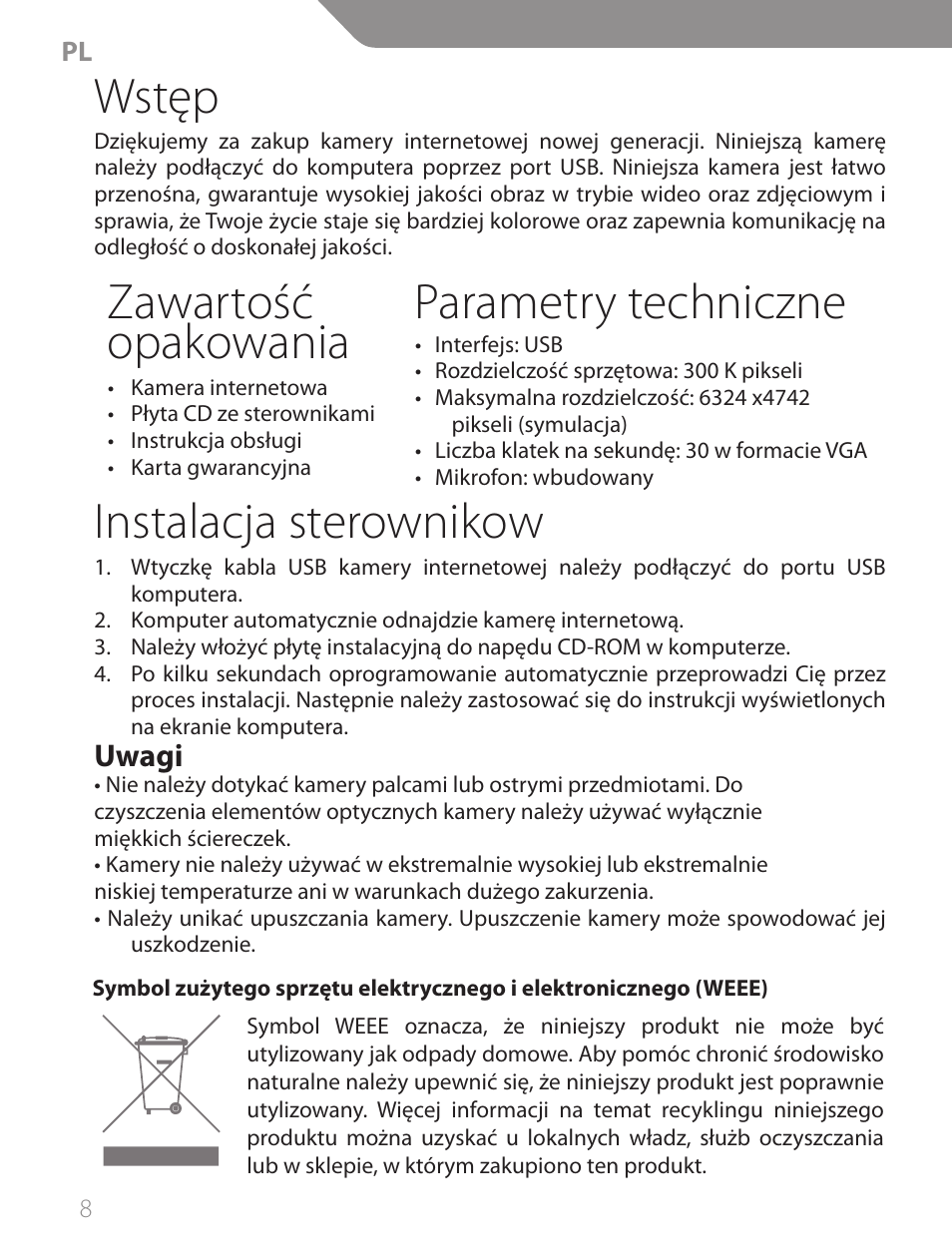 Wstęp, Zawartość opakowania, Parametry techniczne | Instalacja sterownikow, Uwagi | Acme CA04 User Manual | Page 8 / 30