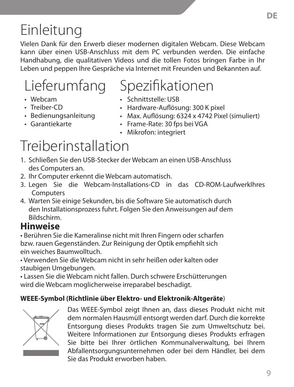 Einleitung, Lieferumfang, Spezifikationen | Treiberinstallation, Hinweise | Acme CA04 User Manual | Page 9 / 30