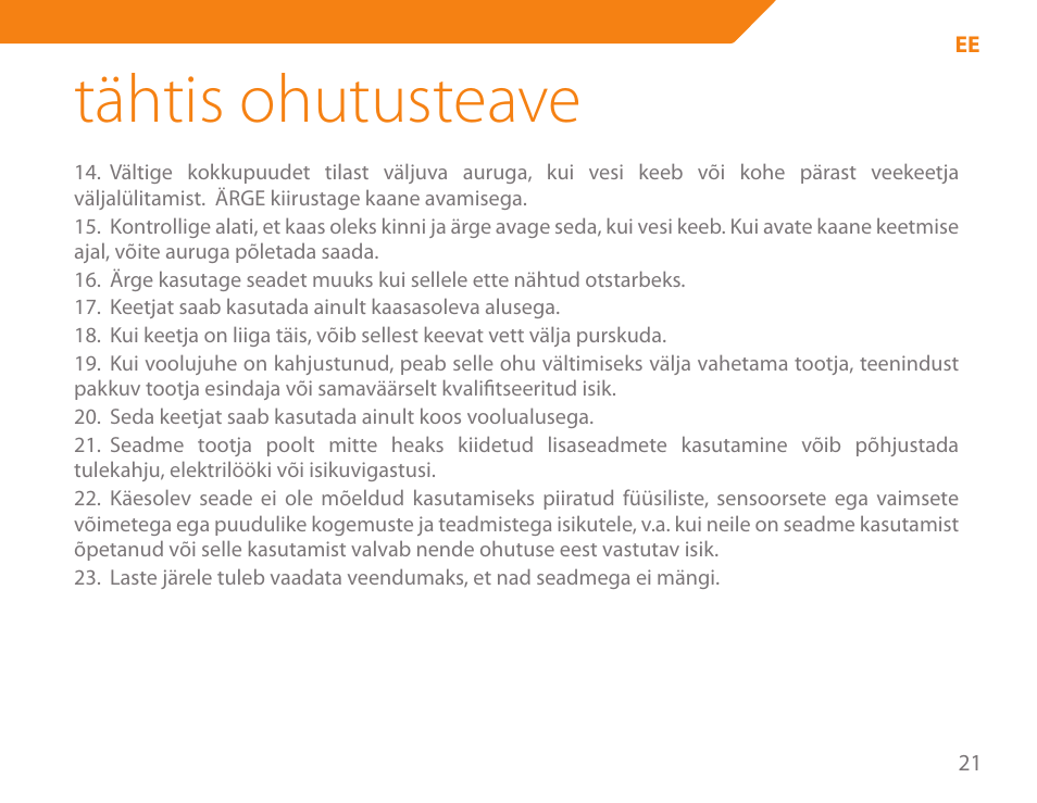 Tähtis ohutusteave | Acme KB-100 User Manual | Page 21 / 76