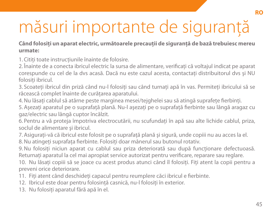 Măsuri importante de siguranţă | Acme KB-100 User Manual | Page 45 / 76