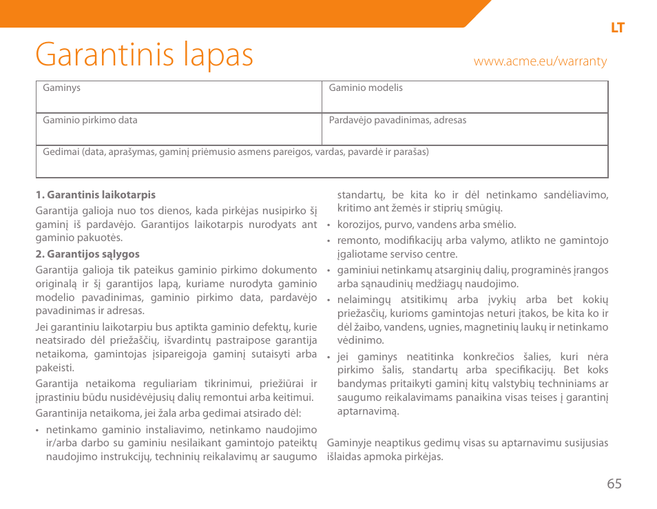 Garantinis lapas, 65 lt | Acme KB-100 User Manual | Page 65 / 76