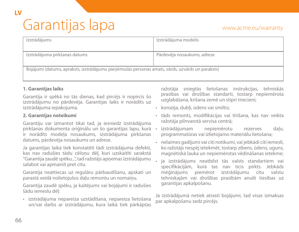 Garantijas lapa, 67 lv | Acme KB-100 User Manual | Page 66 / 76