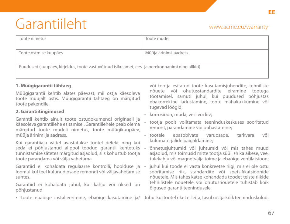 Garantiileht, 67 ee | Acme KB-100 User Manual | Page 67 / 76