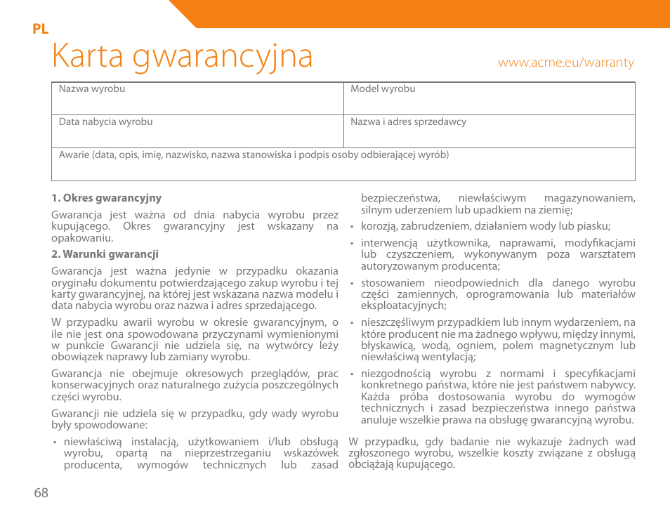 Karta gwarancyjna, 69 pl | Acme KB-100 User Manual | Page 68 / 76