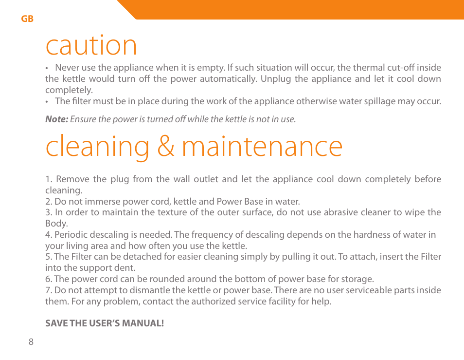 Caution, Cleaning & maintenance | Acme KB-100 User Manual | Page 8 / 76