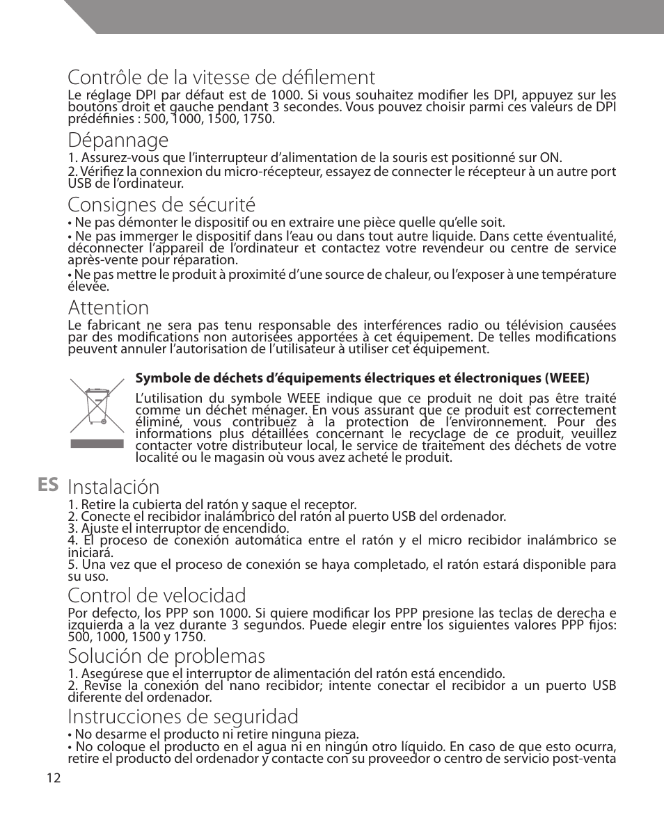 Contrôle de la vitesse de défilement, Dépannage, Consignes de sécurité | Attention, Instalación, Control de velocidad, Solución de problemas, Instrucciones de seguridad | Acme MW10 User Manual | Page 12 / 28