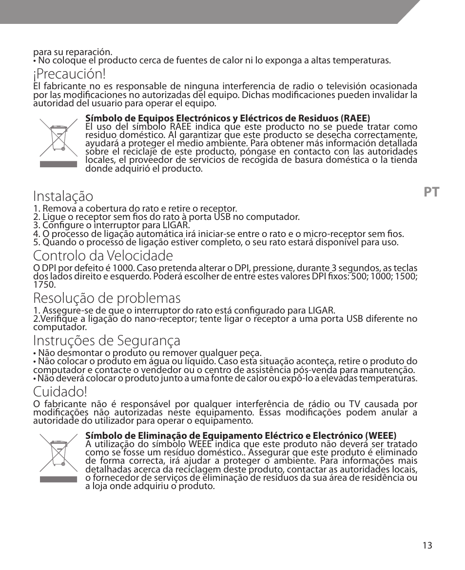 Precaución, Instalação, Controlo da velocidade | Resolução de problemas, Instruções de segurança, Cuidado | Acme MW10 User Manual | Page 13 / 28
