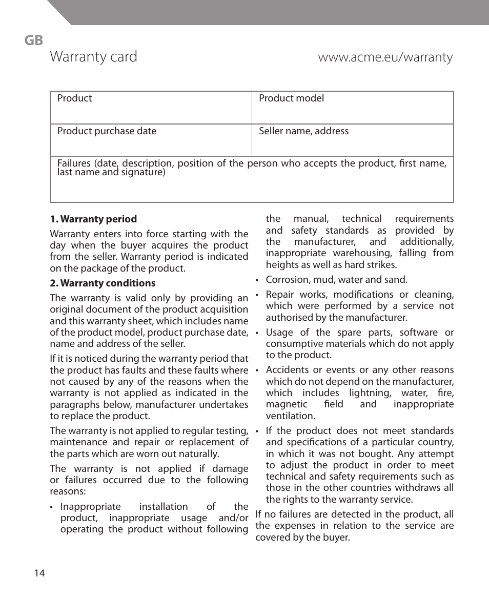 Warranty card | Acme MW10 User Manual | Page 14 / 28