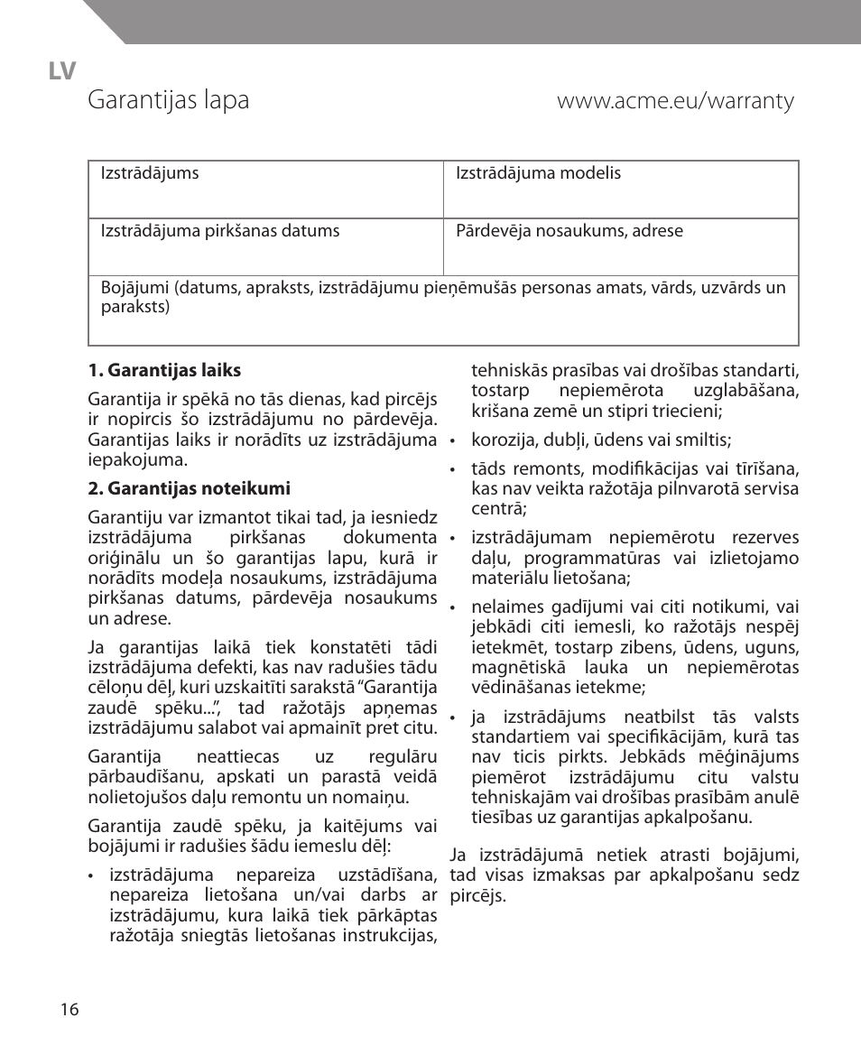 Garantijas lapa | Acme MW10 User Manual | Page 16 / 28