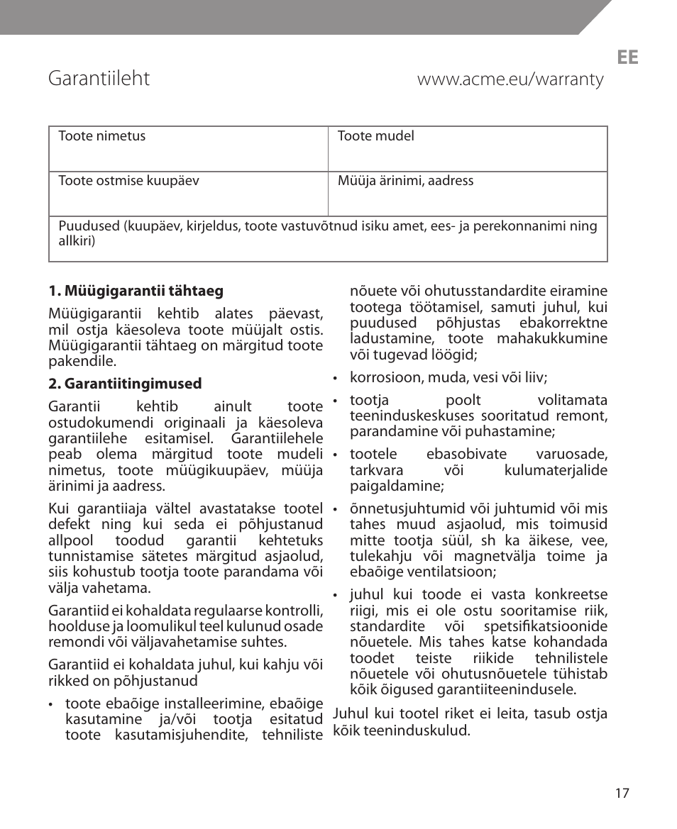 Garantiileht | Acme MW10 User Manual | Page 17 / 28