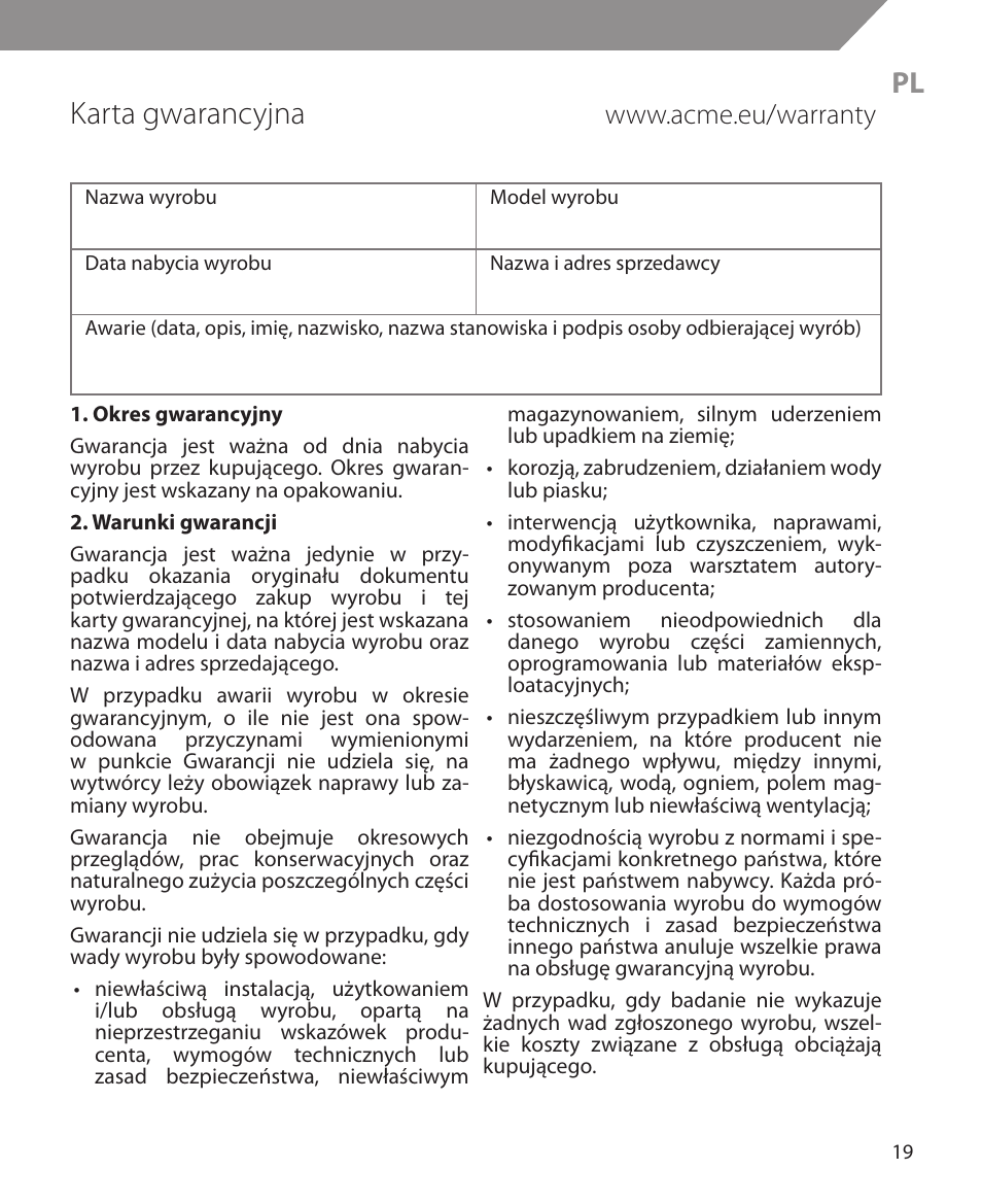 Karta gwarancyjna | Acme MW10 User Manual | Page 19 / 28