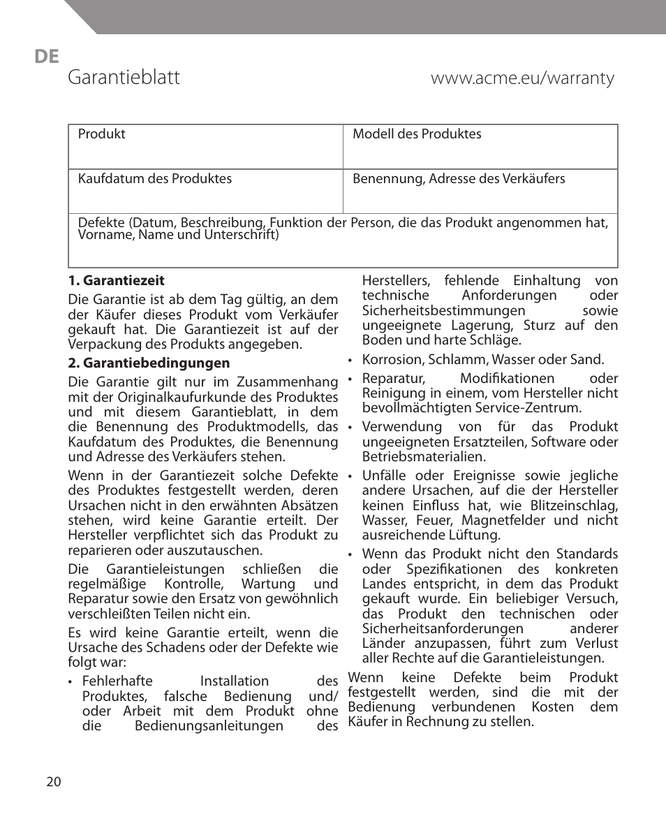 Garantieblatt | Acme MW10 User Manual | Page 20 / 28