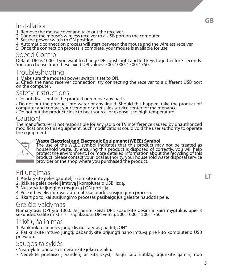 Installation, Speed control, Troubleshooting | Safety instructions, Caution, Prijungimas, Greičio valdymas, Trikčių šalinimas, Saugos taisyklės | Acme MW10 User Manual | Page 5 / 28