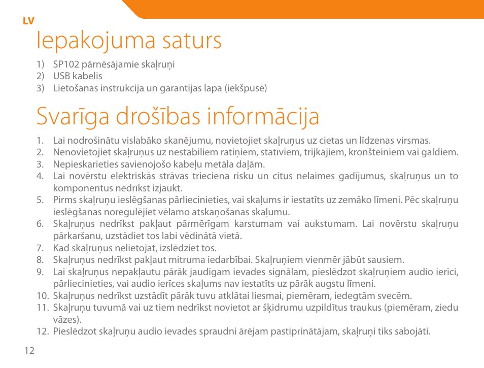 Iepakojuma saturs, Svarīga drošības informācija | Acme SP102 User Manual | Page 12 / 68