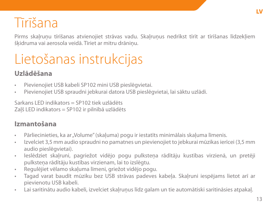 Tīrīšana, Lietošanas instrukcijas | Acme SP102 User Manual | Page 13 / 68