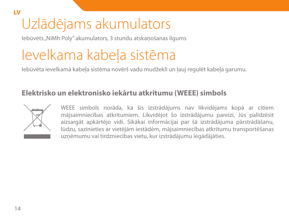 Uzlādējams akumulators, Ievelkama kabeļa sistēma | Acme SP102 User Manual | Page 14 / 68