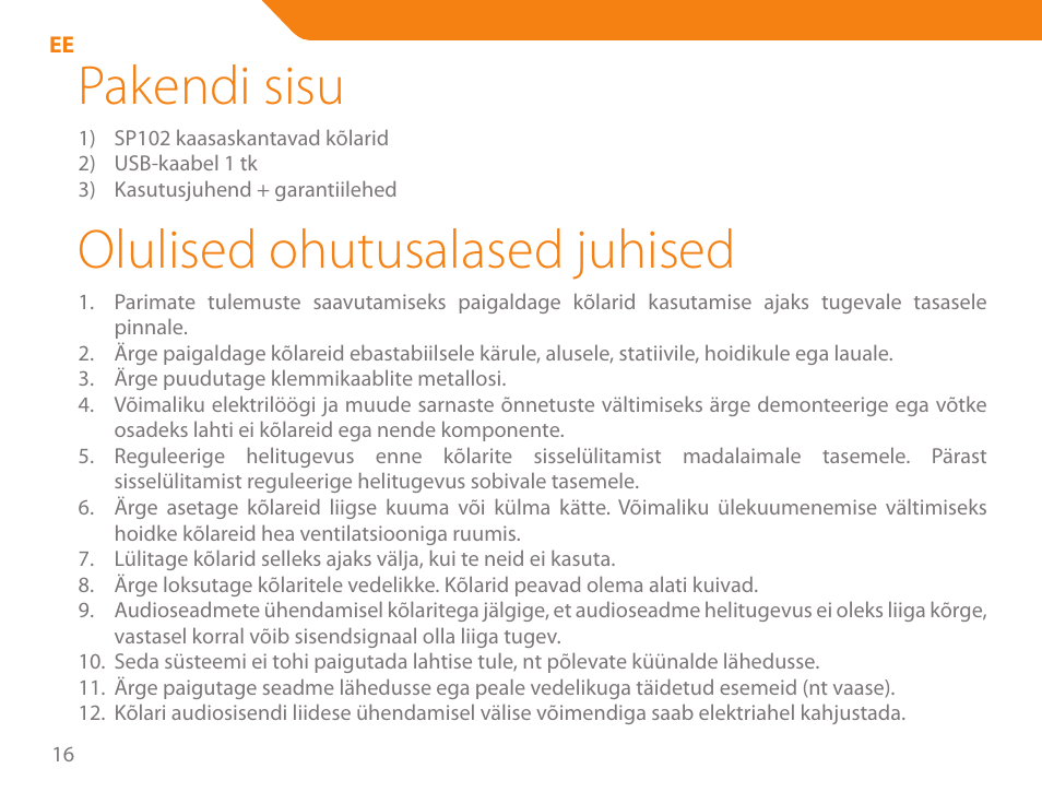Pakendi sisu, Olulised ohutusalased juhised | Acme SP102 User Manual | Page 16 / 68