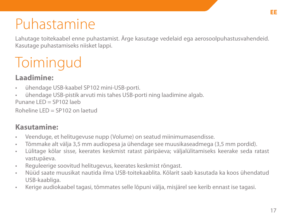 Puhastamine, Toimingud | Acme SP102 User Manual | Page 17 / 68