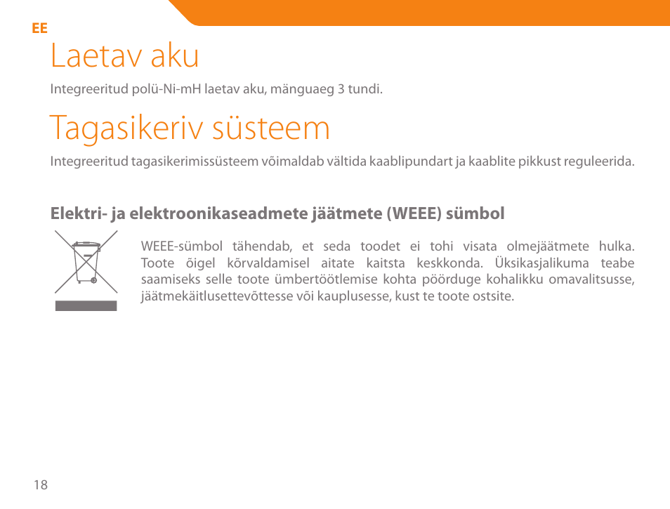 Laetav aku, Tagasikeriv süsteem | Acme SP102 User Manual | Page 18 / 68