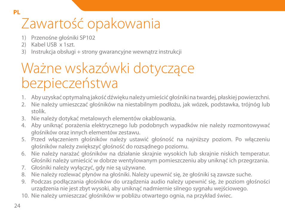 Zawartość opakowania, Ważne wskazówki dotyczące bezpieczeństwa | Acme SP102 User Manual | Page 24 / 68