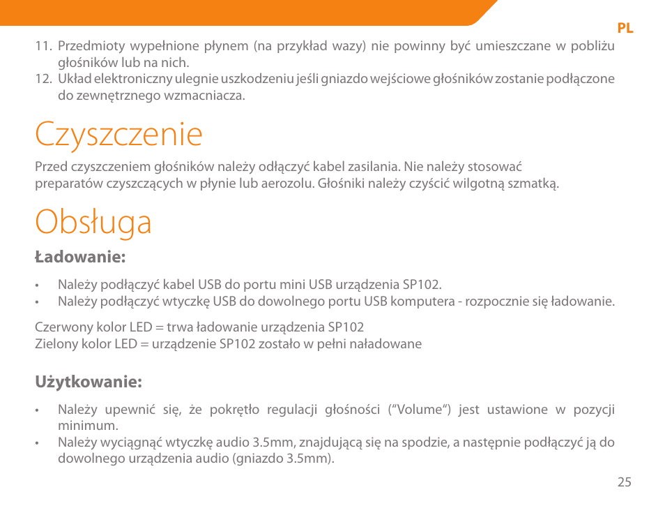 Czyszczenie, Obsługa | Acme SP102 User Manual | Page 25 / 68