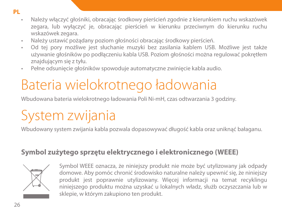 Bateria wielokrotnego ładowania, System zwijania | Acme SP102 User Manual | Page 26 / 68