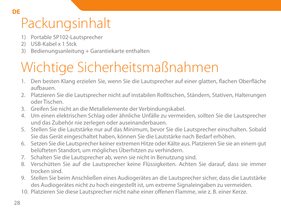 Packungsinhalt, Wichtige sicherheitsmaßnahmen | Acme SP102 User Manual | Page 28 / 68