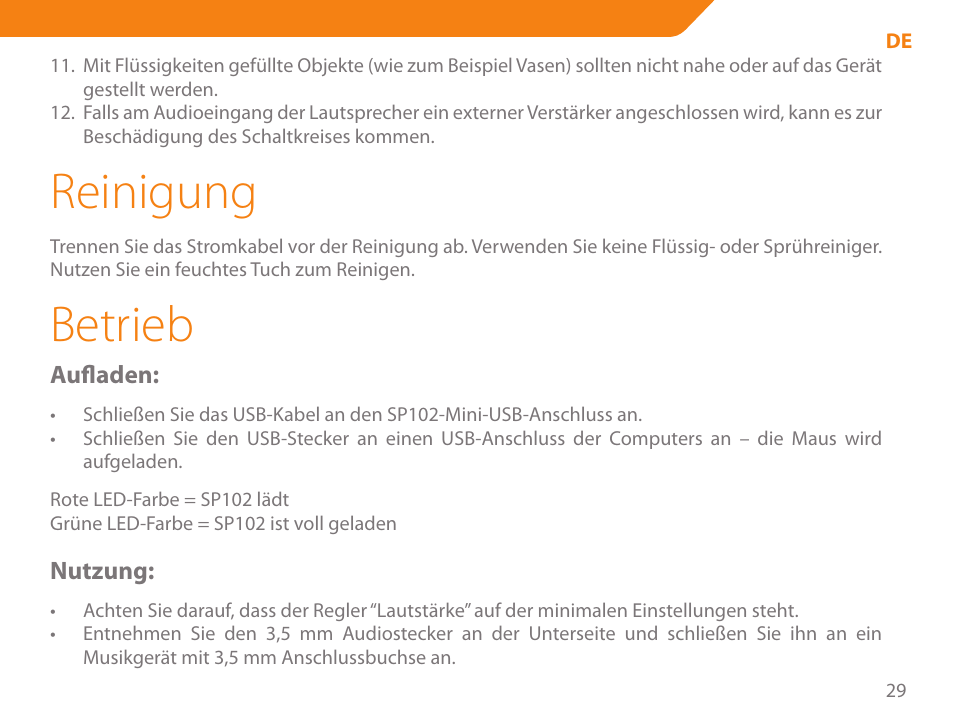 Reinigung, Betrieb | Acme SP102 User Manual | Page 29 / 68