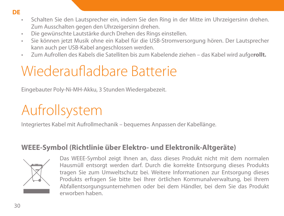 Wiederaufladbare batterie, Aufrollsystem | Acme SP102 User Manual | Page 30 / 68