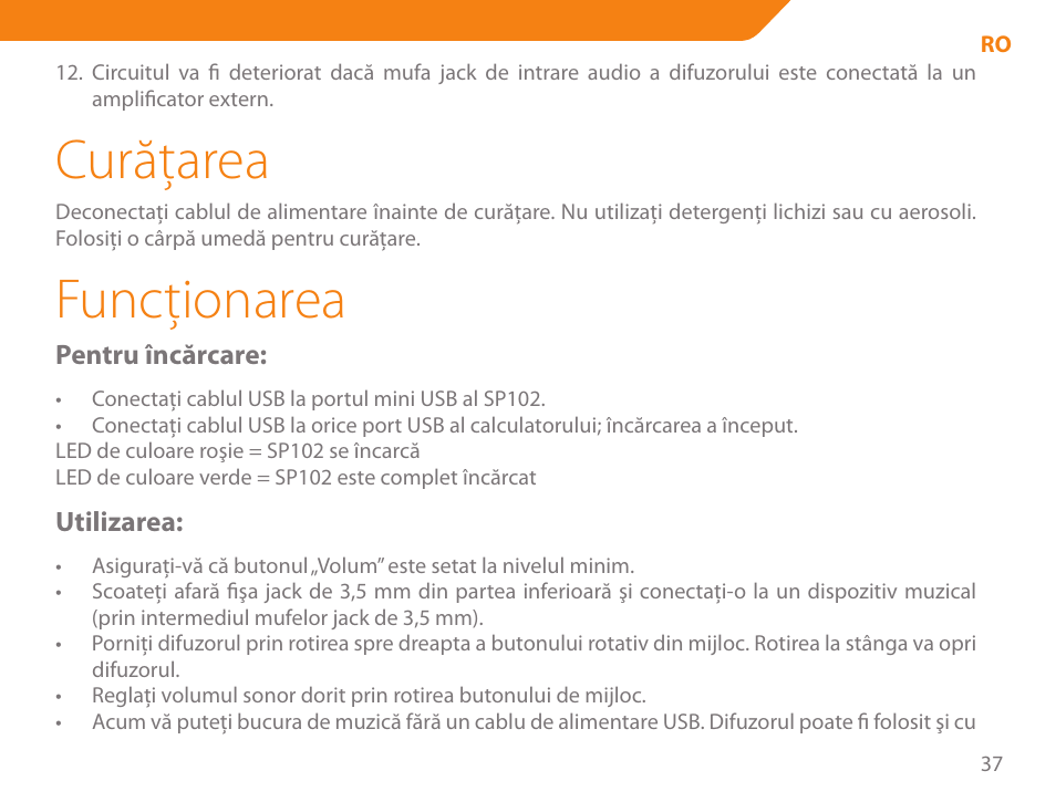 Curăţarea, Funcţionarea | Acme SP102 User Manual | Page 37 / 68