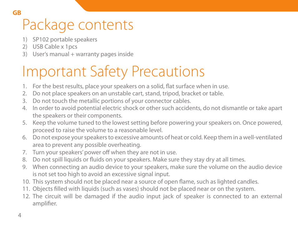 Package contents, Important safety precautions | Acme SP102 User Manual | Page 4 / 68