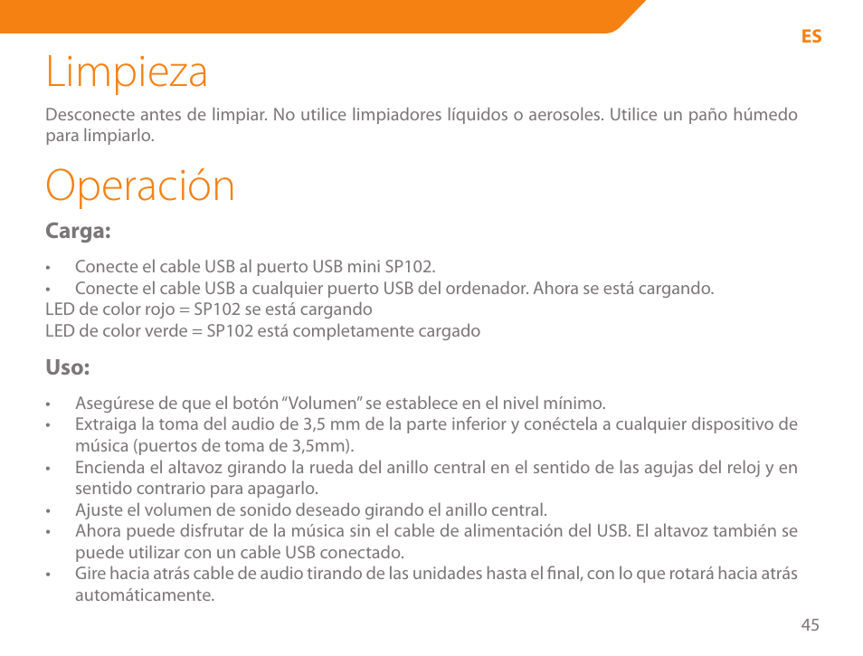 Limpieza, Operación | Acme SP102 User Manual | Page 45 / 68