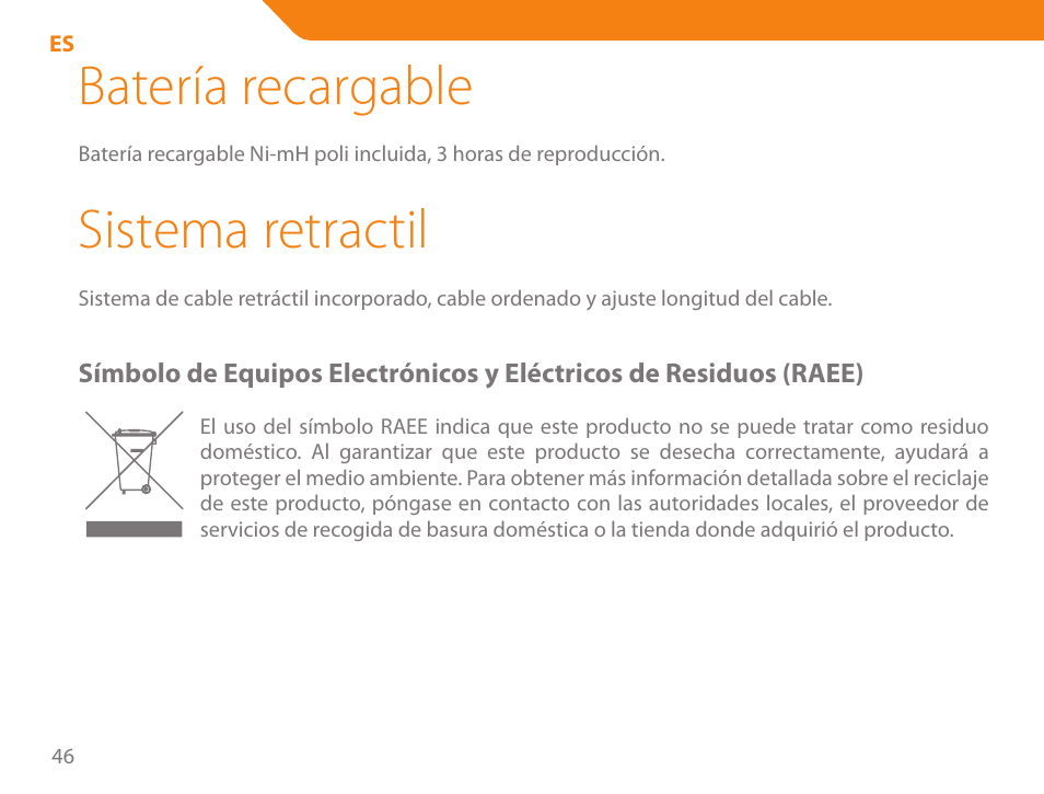 Batería recargable, Sistema retractil | Acme SP102 User Manual | Page 46 / 68