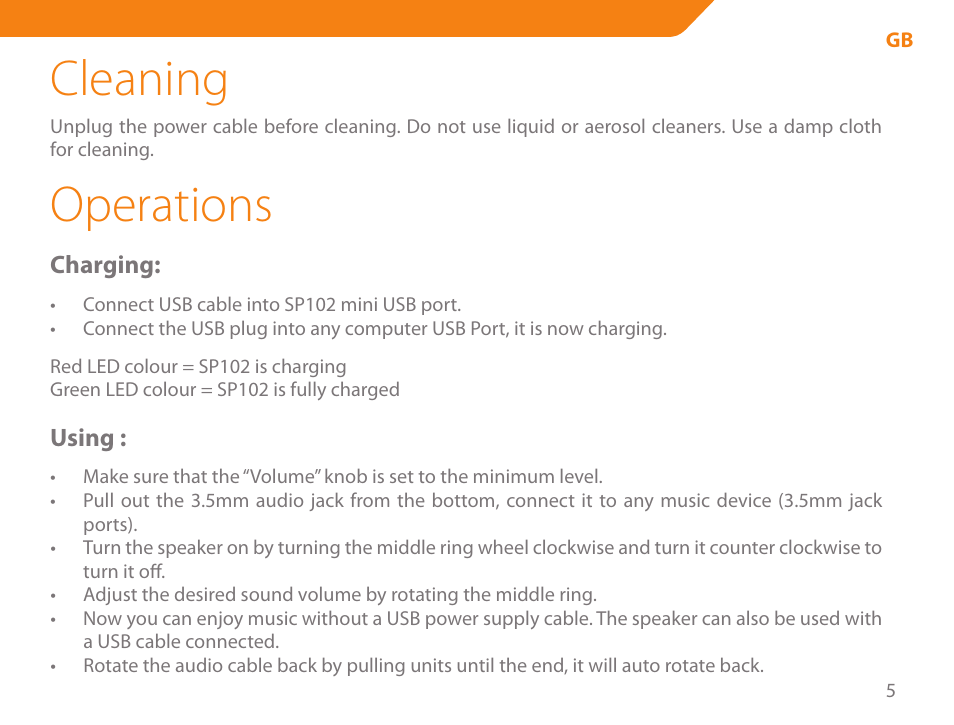 Cleaning, Operations | Acme SP102 User Manual | Page 5 / 68