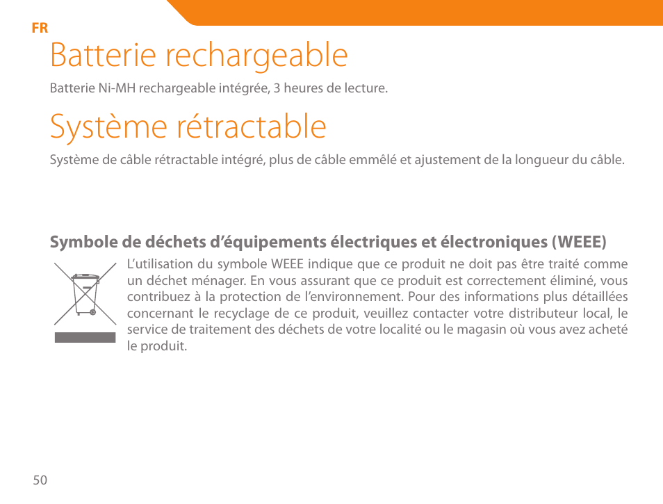 Batterie rechargeable, Système rétractable | Acme SP102 User Manual | Page 50 / 68