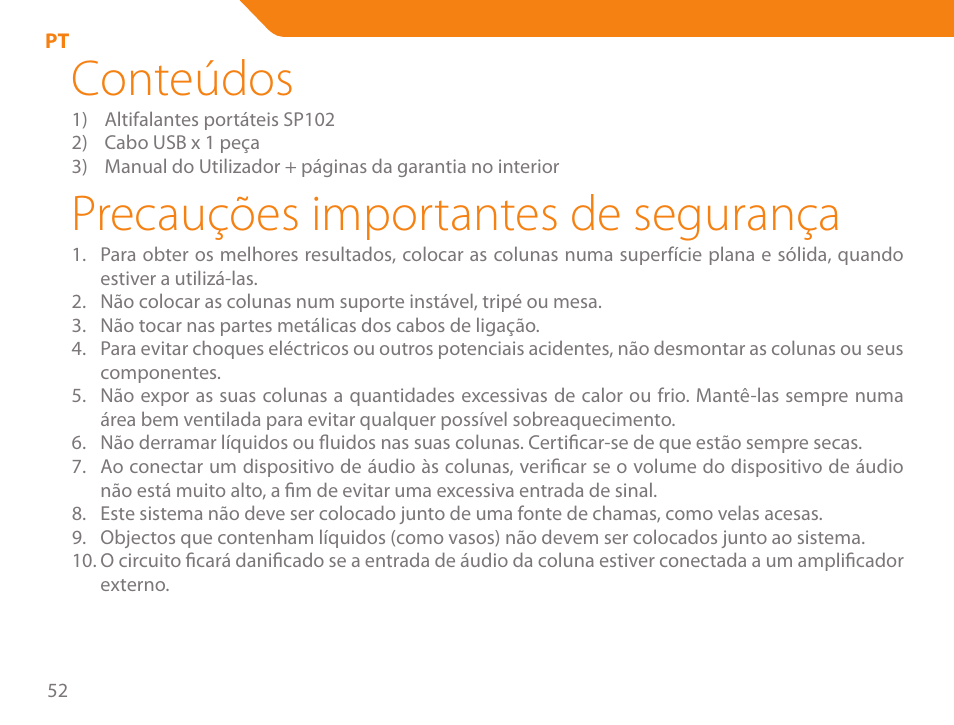 Conteúdos, Precauções importantes de segurança | Acme SP102 User Manual | Page 52 / 68