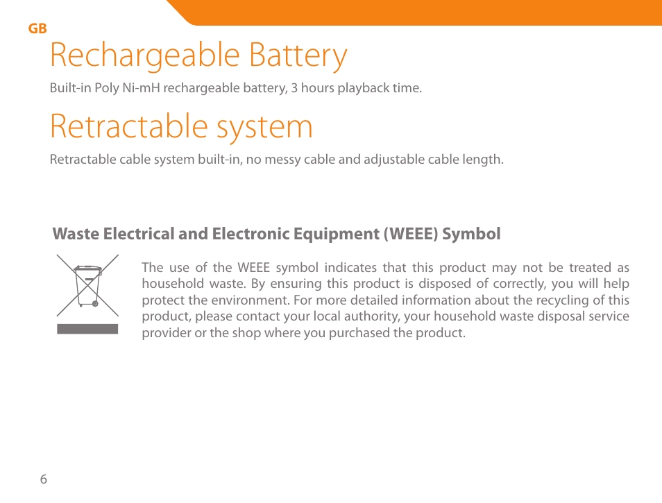 Rechargeable battery, Retractable system | Acme SP102 User Manual | Page 6 / 68