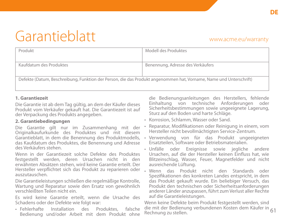 Garantieblatt | Acme SP102 User Manual | Page 61 / 68