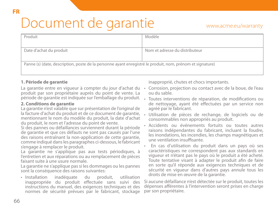 Document de garantie | Acme SP102 User Manual | Page 66 / 68